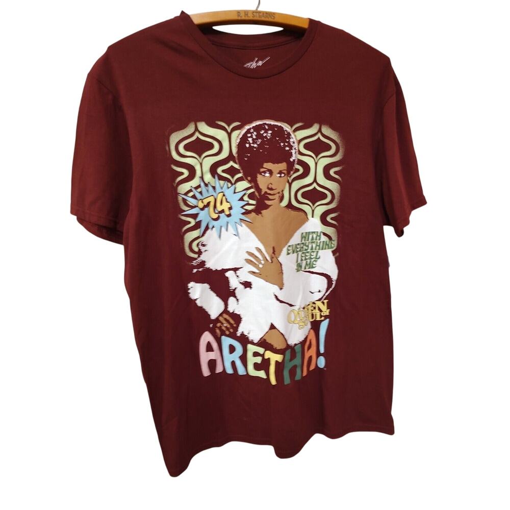 NEW ARETHA FRANKLIN Graphic T-Shirt MEN's '74 THE QUEEN OF SOUL Maroon MEDIUM